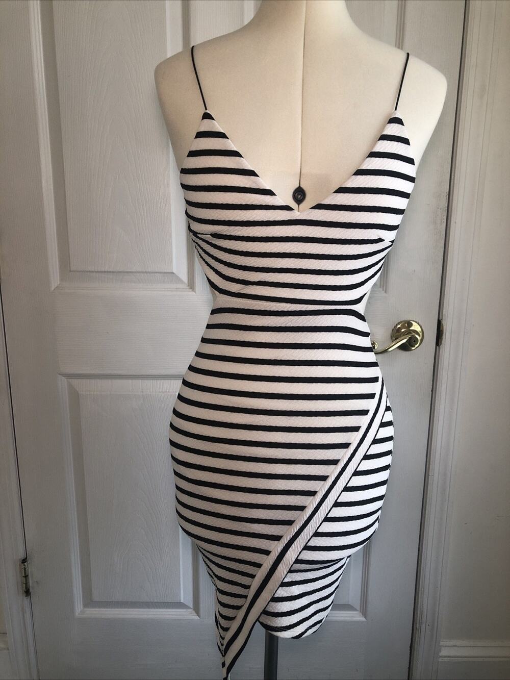 Vtg Y2K mini bodycon Dress Sz SM Striped cut out asymmetrical Indie Sleaze